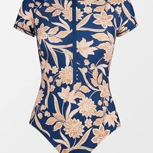 Floral Short Sleeve Swimsuit - Navy and Beige